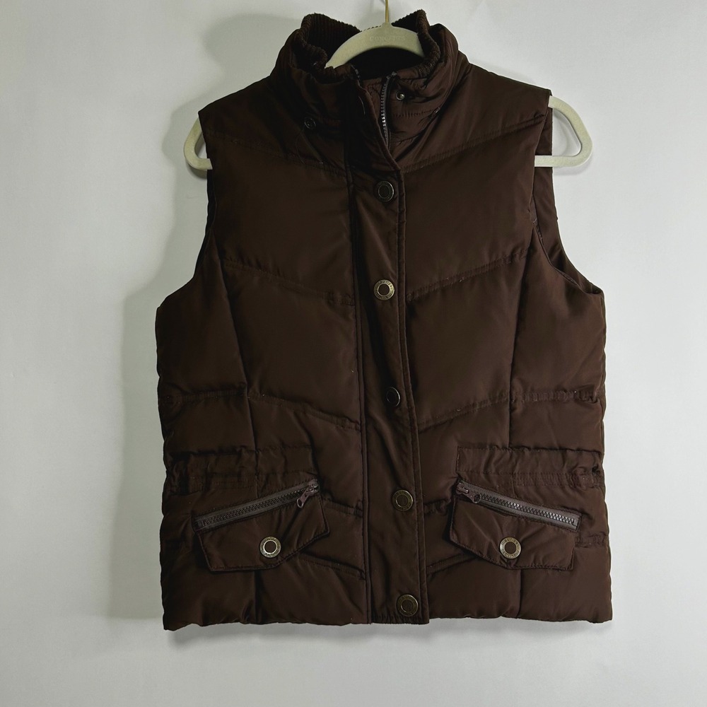 Y2K Maurices Dark Brown Puffer Vest Quilted Full Zip Pockets Medium high neck